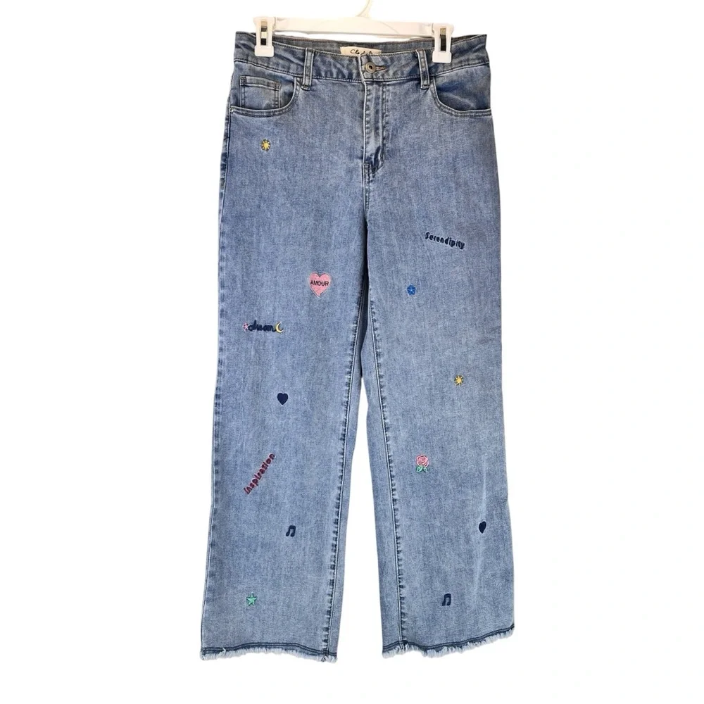 CHARLIE B Wide Leg Jeans Denim Whimsical Embroidered Icons Raw Hem Sz 8 - Picture 3 of 12